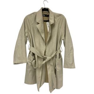 Zara Womens Jacket M Beige Faux Suede Soft Stretch Removable belt 3046/120 NWT